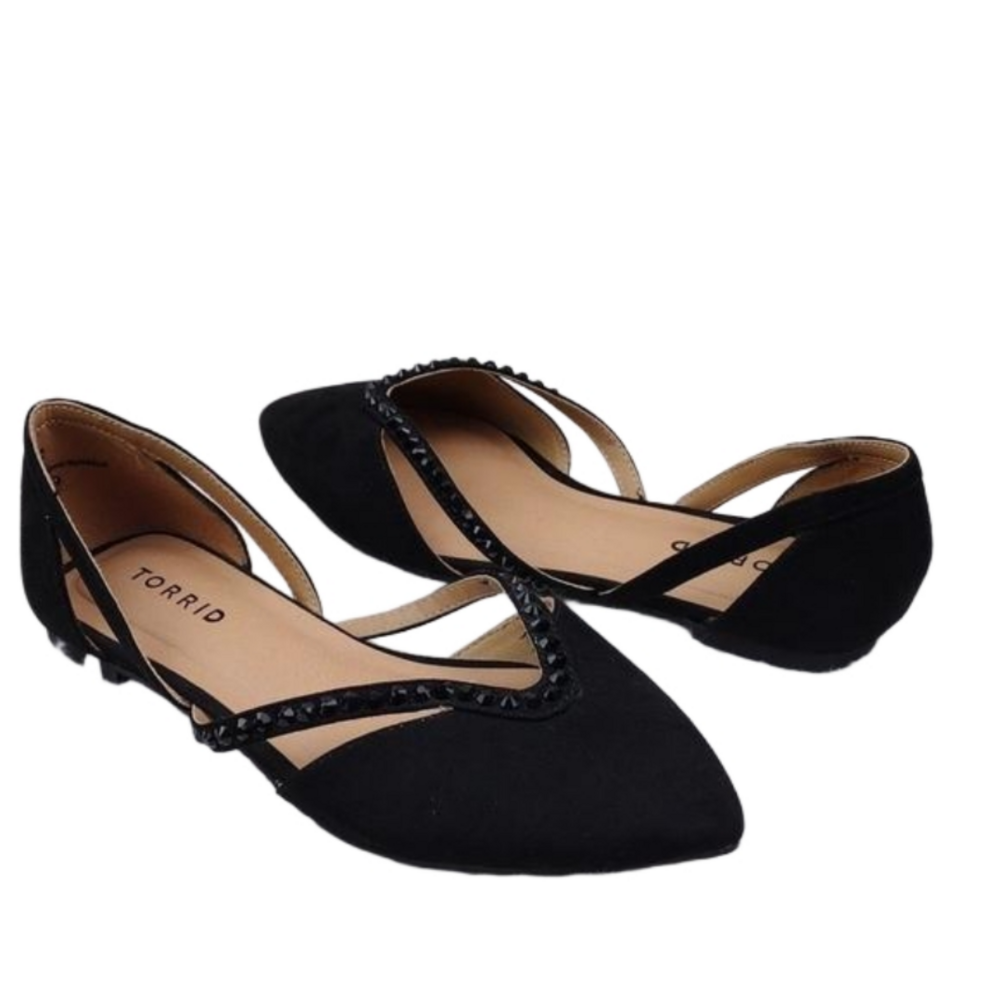 Torrid Black Fabric Embellished V-Strap Pointed Toe Slip On Flat Loafer Shoe